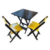 Mesa De Madeira Dobrável Preto 70x70 Com 2 Cadeiras Dobráveis Amarelo - Amarelo