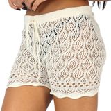 Shorts Feminino Saída de Praia Tricot Crochê Liso Piscina Off White, Único