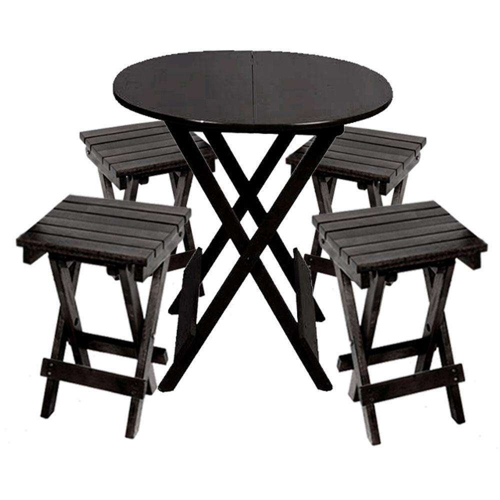 Conjunto De Mesa Dobravel De Madeira 60cm Redondo Com 4 Banquinhos Dobraveis Preto - Preto