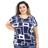 Blusa Feminina Plus Size Manga Curta Poliamida Estampada Azul Verde, G2