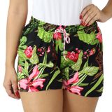 Shorts Feminino Curto Soltinho Estampado Florido Elástico Preto Verde, P