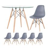 Mesa Redonda Eames Com Tampo De Vidro 100 Cm + 5 Cadeiras Eiffel Dsw Cinza Escuro Cinza-escuro