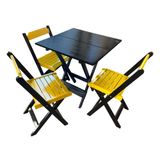 Mesa De Madeira Dobrável Preto 70x70 Com 3 Cadeiras Dobráveis Amarelo - Amarelo