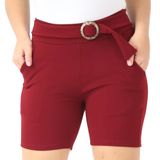 Shorts Crepe Feminino Liso Cinto Bolsos Elástico Cós Alto Bordô, P