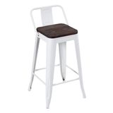 Banqueta Iron Tolix com encosto e assento de madeira rústica escura - 61 cm - Branco