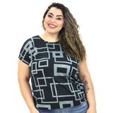 Blusa Feminina Plus Size Manga Curta Poliamida Estampada Preto Cinza, G1