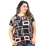 Blusa Feminina Plus Size Manga Curta Poliamida Estampada Preto Rosa, G1