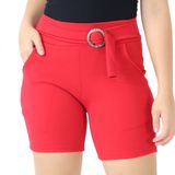 Shorts Crepe Feminino Liso Cinto Bolsos Elástico Cós Alto Vermelho, P