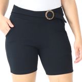 Shorts Crepe Feminino Liso Cinto Bolsos Elástico Cós Alto Preto, P