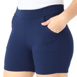 Shorts Crepe Feminino Liso Bolsos Elástico Cós Alto Verão Azul, P