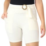 Shorts Crepe Feminino Liso Cinto Bolsos Elástico Cós Alto Branco, P