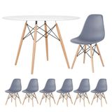 Mesa Redonda Eames 120 Cm Branco + 6 Cadeiras Eiffel Dsw Cinza Escuro