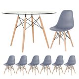 Mesa Redonda Eames Com Tampo De Vidro 120 Cm + 6 Cadeiras Eiffel Dsw Cinza Escuro