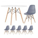 Mesa Redonda Eames 120 Cm Branco + 5 Cadeiras Eiffel Dsw Cinza Escuro