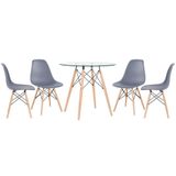 Mesa Redonda Eames Com Tampo De Vidro 80 Cm + 4 Cadeiras Eiffel Dsw Cinza Escuro