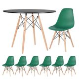 Mesa Redonda Eames 100 Cm Preto + 6 Cadeiras Eiffel Dsw Verde Escuro