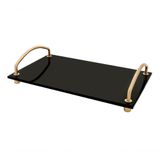 Bandeja Decorativa Bancada Vidro Preto Alças Dourada 25x15cm