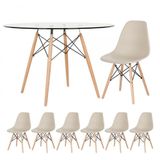 Mesa Redonda Eames Com Tampo De Vidro 120 Cm + 6 Cadeiras Eiffel Dsw Nude