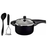 Jogo De Panela Pressão 6l Alumínio Antiaderente Preto Com Amassador Inox E Concha Tramontina