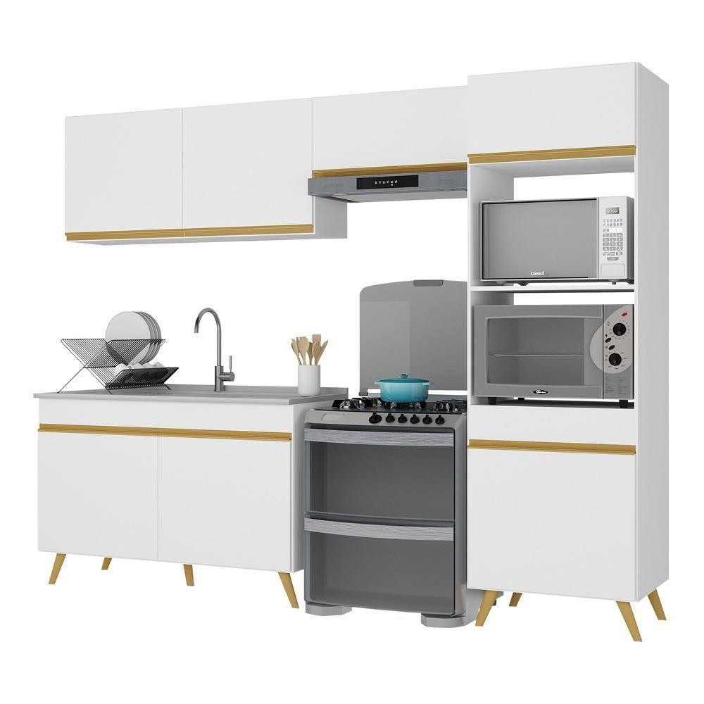 Armário De Cozinha Compacta 252cm Veneza Multimóveis V3749 Branco/dourado Branco/dourado