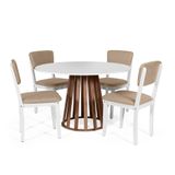 Mesa De Jantar Redonda Gabi Bran/nor Com 4 Cadeiras Estofadas Ella Branco/marrom Claro