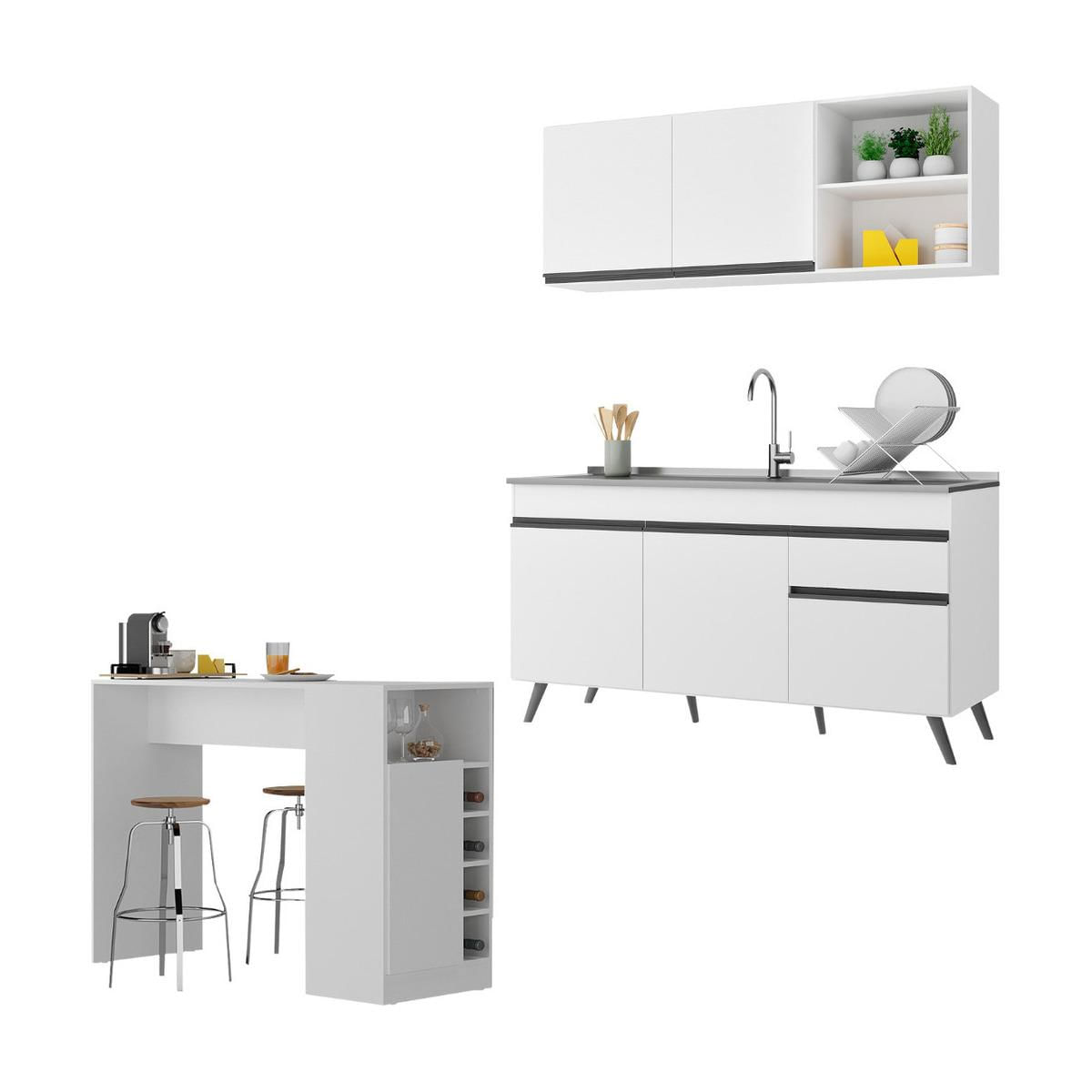 Armário De Cozinha Compacta Com Bancada Americana Veneza Multimóveis Mp2200 Branco/preto