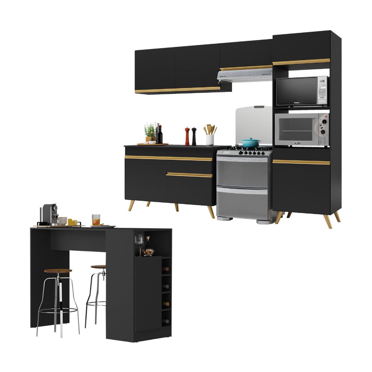 Armário De Cozinha Compacta Com Mesa/bancada Veneza Multimóveis Mp2210 Preto/dourado