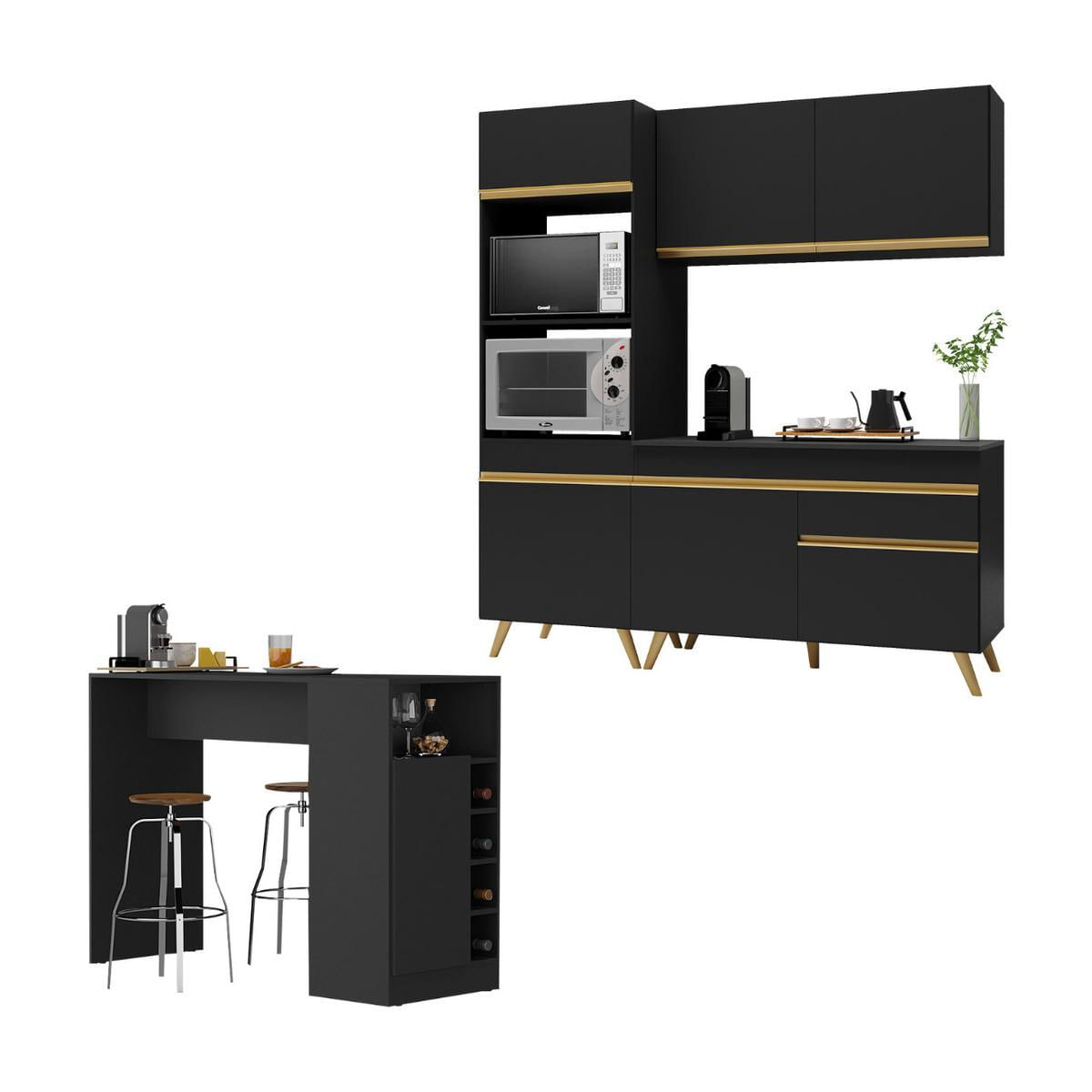 Cozinha Compacta Com Bancada Americana/mesa Veneza Multimóveis Mp2211 Preto/dourado