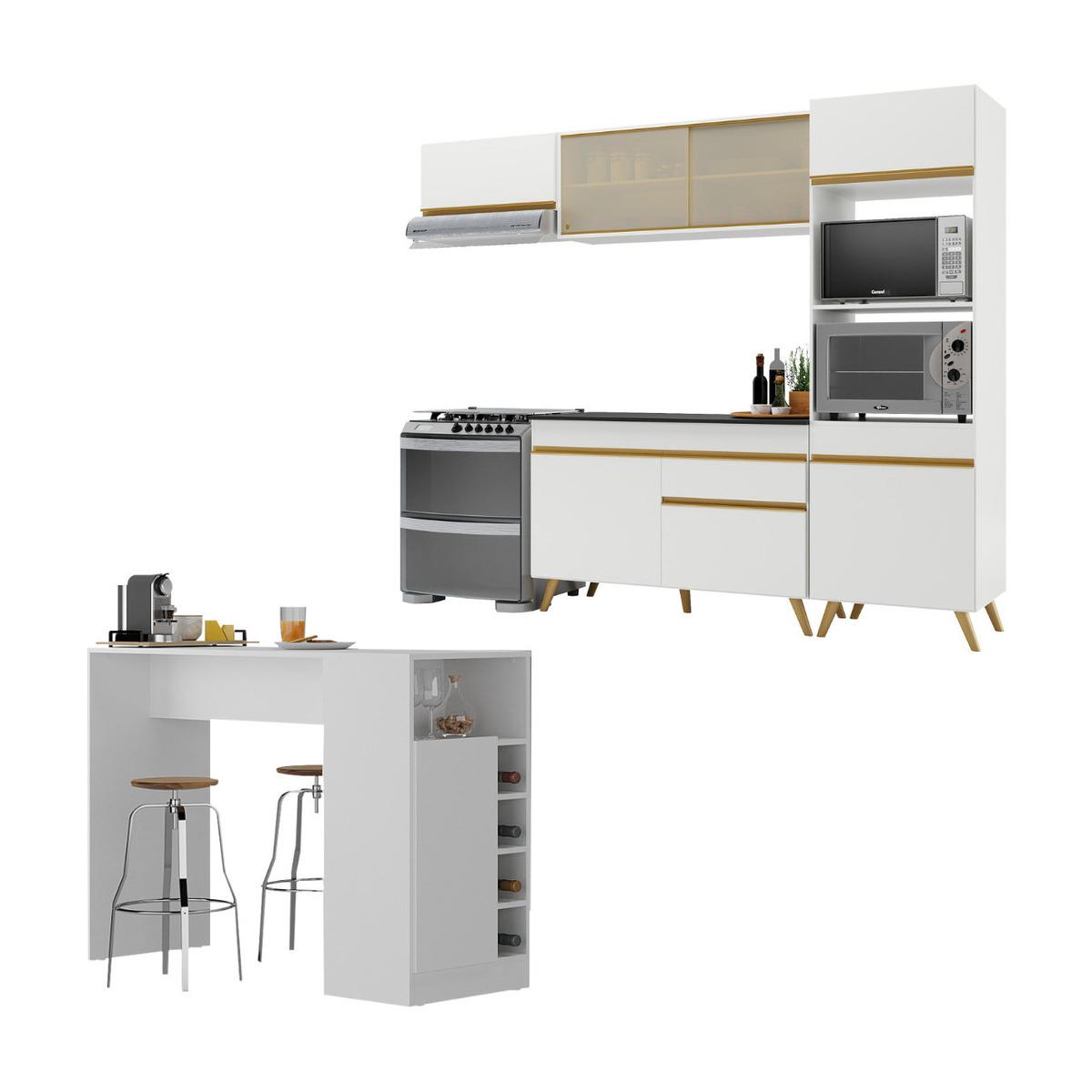 Cozinha Modulada Com Bancada Americana Veneza Multimóveis Mp2208 Branco/dourado