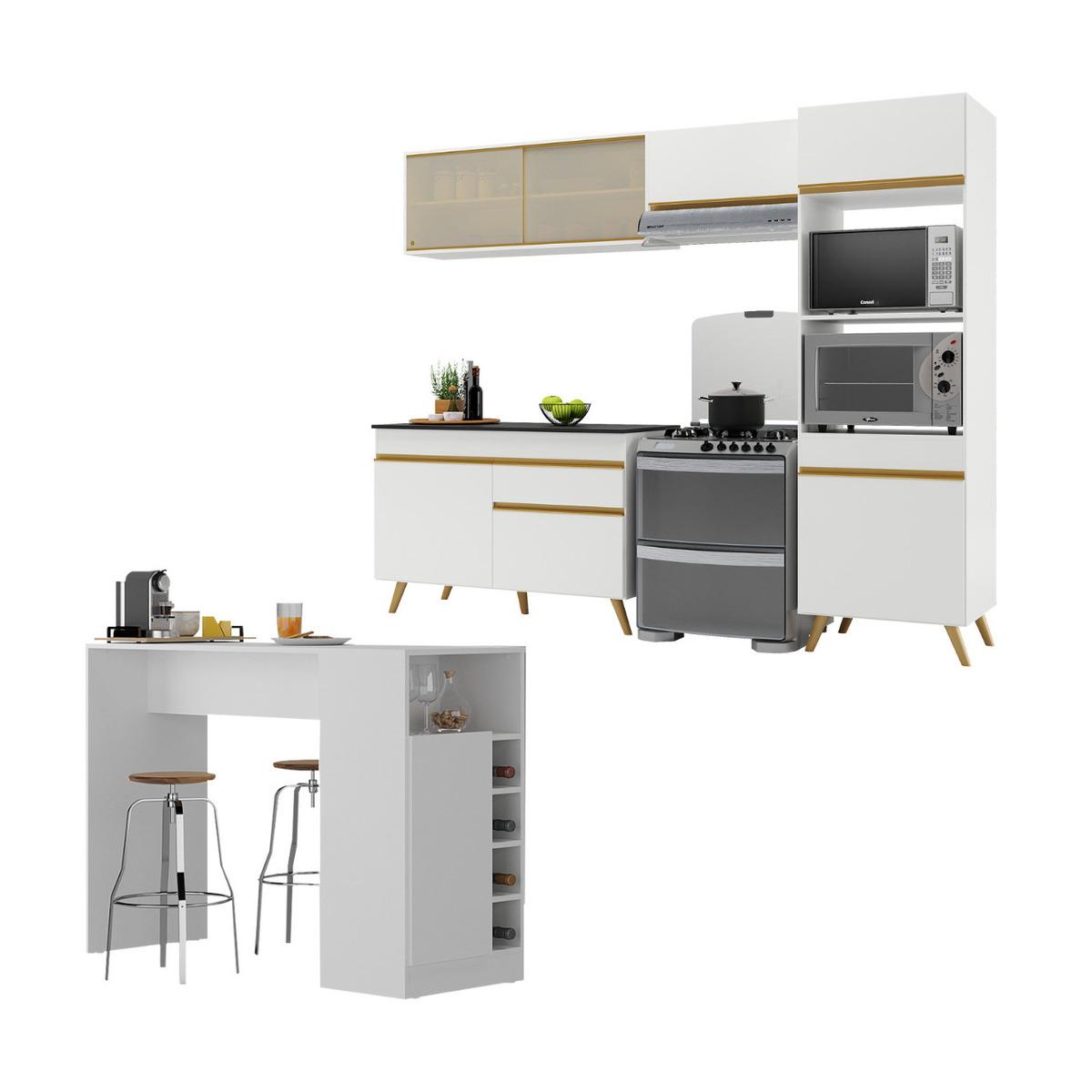 Armário De Cozinha Modulado Com Bancada Americana Multimóveis Mp2209 Branco/dourado