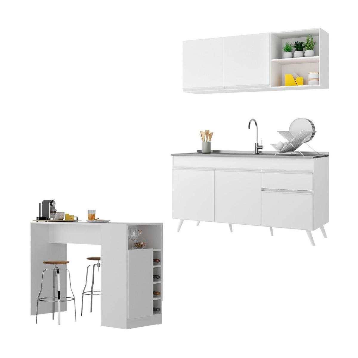 Armário De Cozinha Compacta Com Bancada Americana Veneza Multimóveis Mp2200 Branco