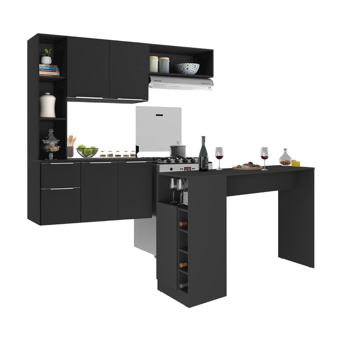 Armário De Cozinha Com Bancada Americana/mesa Gourmet Sofia Multimóveis Mp2195 Preto