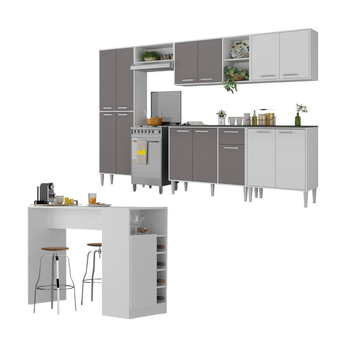 Armário De Cozinha Modulado Com Bancada Americana Xangai Multimóveis Mp2206 Branco/lacca Fumê