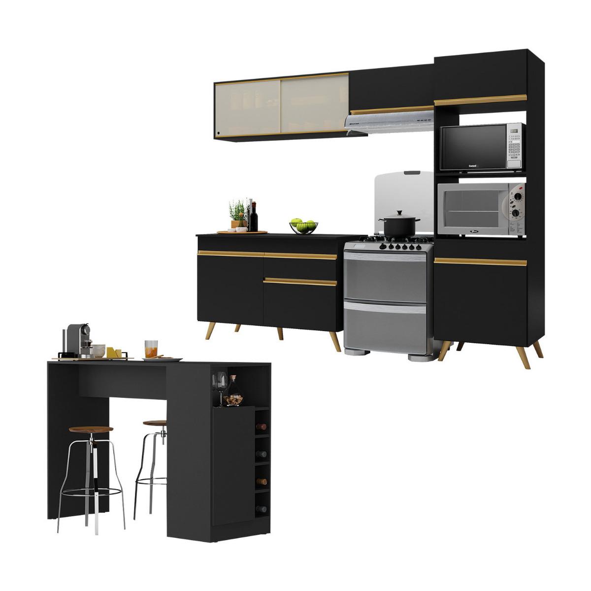 Armário De Cozinha Modulado Com Bancada Americana Multimóveis Mp2209 Preto/dourado