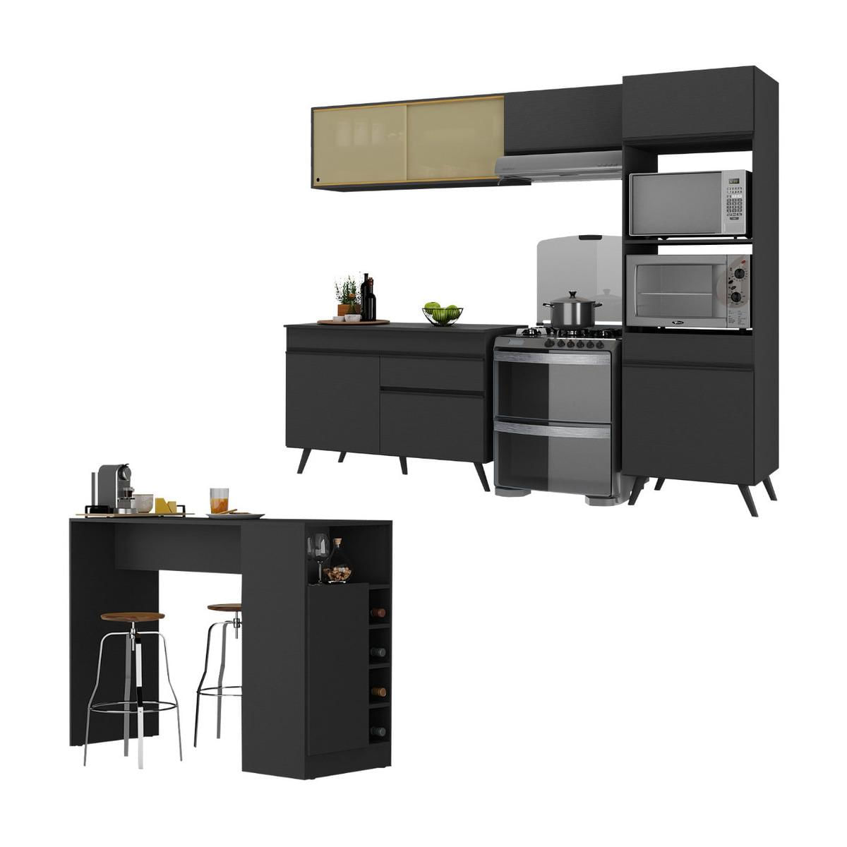 Armário De Cozinha Modulado Com Bancada Americana Multimóveis Mp2209 Preto