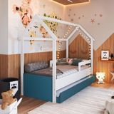 Cama Infantil Montessoriana Com Cama Auxiliar 2 Colchões Branco/azul Secreto