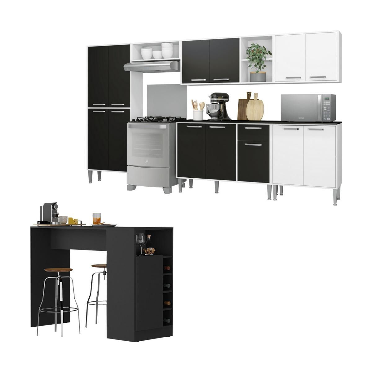 Armário De Cozinha Modulado Com Bancada Americana Xangai Multimóveis Mp2206 Branco/preto