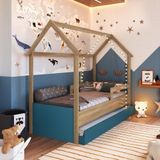 Cama Infantil Montessoriana Com Cama Auxiliar 2 Colchões Aveiro Oak/azul Secreto