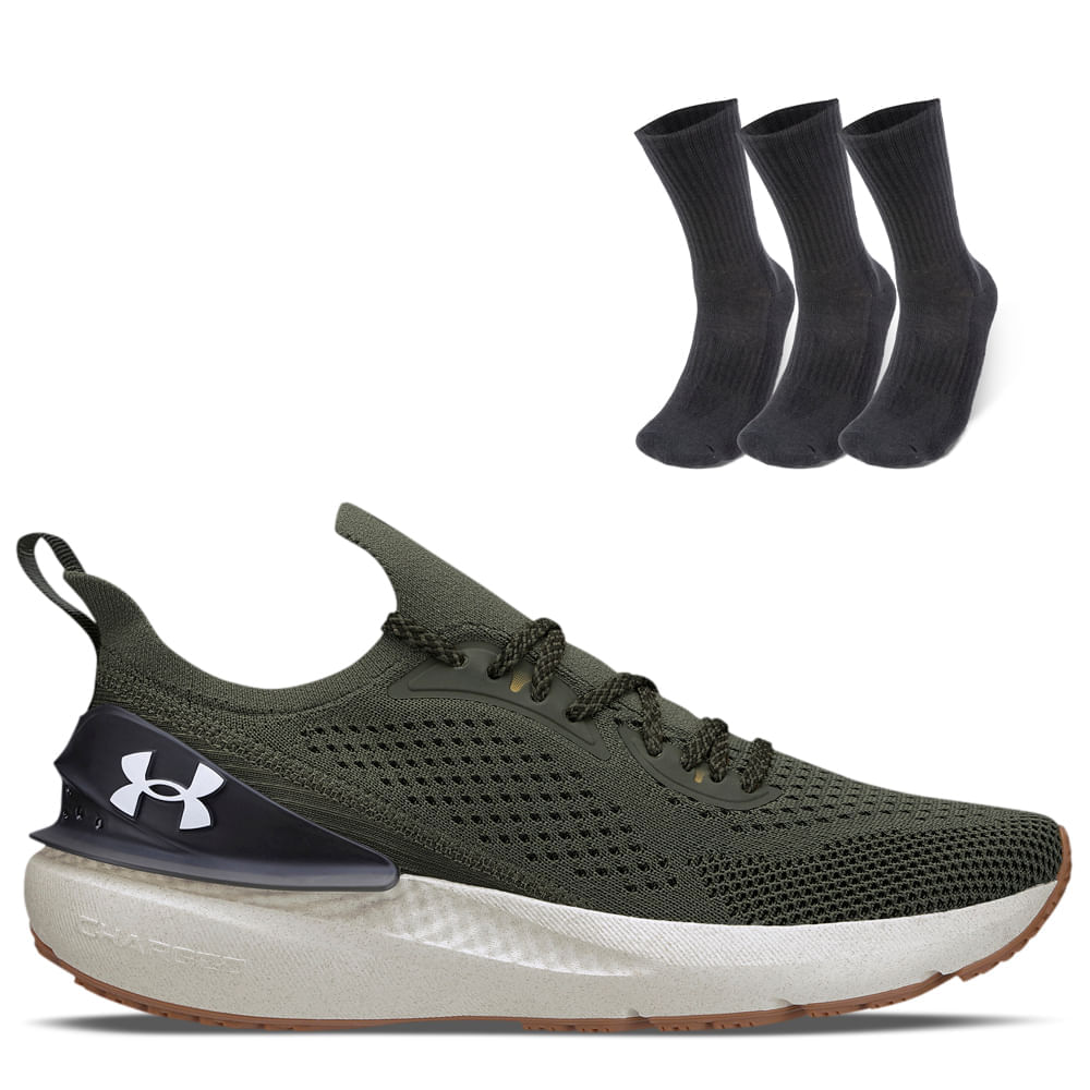 Kit 1 Tênis De Corrida Masculino Under Armour Charged Quicker E 1 Pct Com 3 Pares De Meia Cano Alto