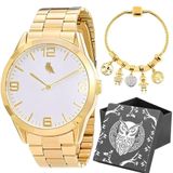 Relogio Feminino Dourado Aço Inox + Caixa + Pulseira Pandora