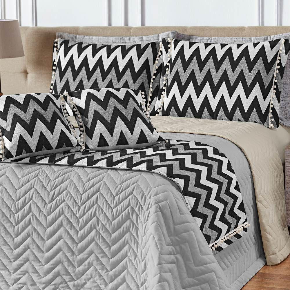 Cobre Leito Queen Chevron Dupla Face Com Almofadas E Xale 8 Peças Cinza