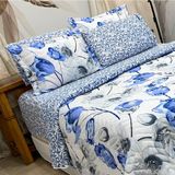 Cobre Leito Queen Dupla Face Confort Print Com Lençol 6 Peças Ramo Azul