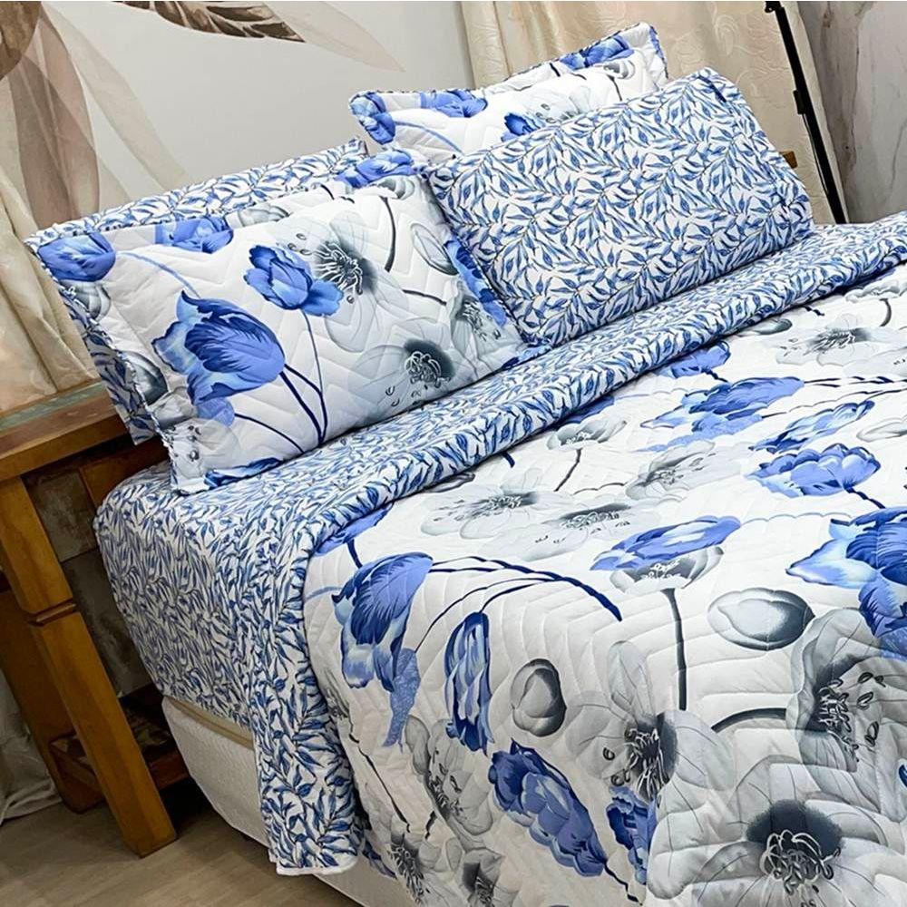 Cobre Leito Queen Dupla Face Confort Print Com Lençol 6 Peças Ramo Azul