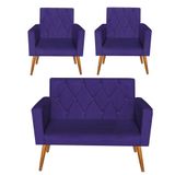 Kit 1 Namoradeira E 2 Poltronas Thais Capitonê Suede Roxo