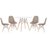 Mesa Redonda Eames 100 Cm Branco + 4 Cadeiras Estofadas Eiffel Botonê Nude Nude