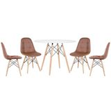 Mesa Redonda Eames 100 Cm Branco + 4 Cadeiras Estofadas Eiffel Botonê Marrom Marrom