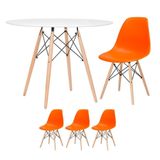 Mesa Redonda Eames 100cm Branco + 3 Cadeiras Laranja