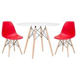 Mesa Redonda Eames 100cm Branco + 2 Cadeiras Vermelho