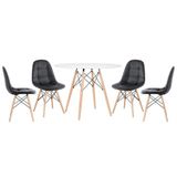 Mesa Redonda Eames 100 Cm Branco + 4 Cadeiras Estofadas Eiffel Botonê Preto Preto