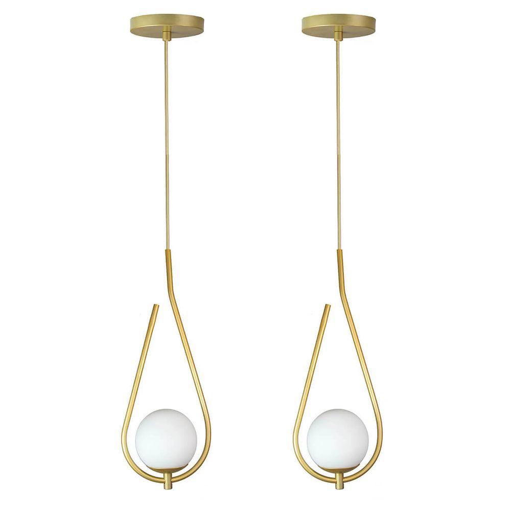 Kit 2 Pendentes Lustres On Drop Dourado Globo De Vidro Branco